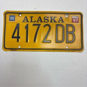 Vintage Alaska State License Plate 1997 Yellow Navy Blue Metal Collectible Barn